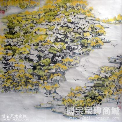 俞裕新作品 湖岸一片秀色 山水画 类别: 国画山水作品