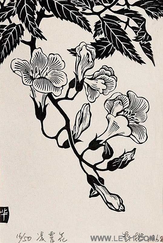 李桦 1968年作 凌霄花16/50; 绘画李桦;; 卡通黑白木刻版画