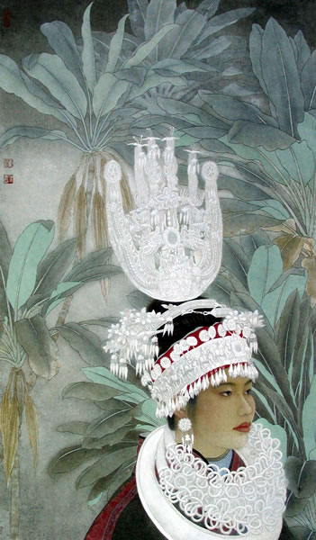 绘画 国画 人物画名家 刘泉义 刘泉义的作品"苗女与植物之三"