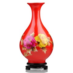 景德镇陶瓷器 中国红牡丹麦秆花瓶摆设 现代时尚家饰客厅摆件