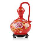 景德镇陶瓷器 中国红描金牡丹艺术葫芦花瓶 现代家饰品摆件
